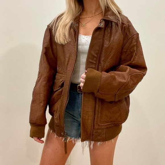 Vintage Jackets & Blazers - ✨SOLD✨ Vintage Leather Aviator Bomber Flight Jacket Coat in Cognac Brown